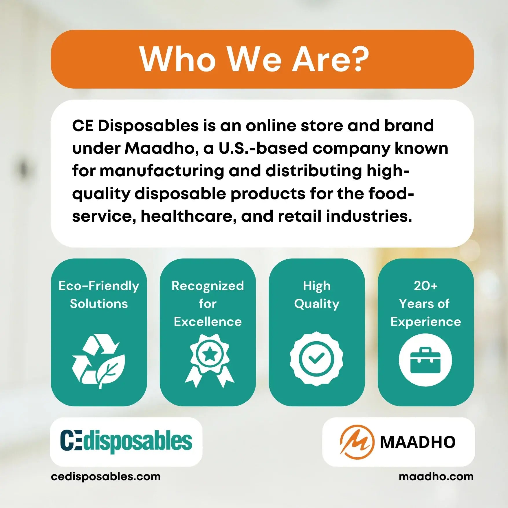 CE Disposables brand info highlighting eco-friendly solutions and high quality disposable products
