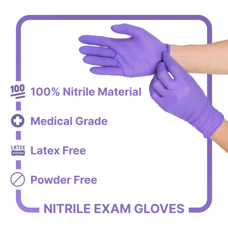 CE Disposables purple nitrile gloves made from 100% nitrile material, medical grade, latex free, and powder free