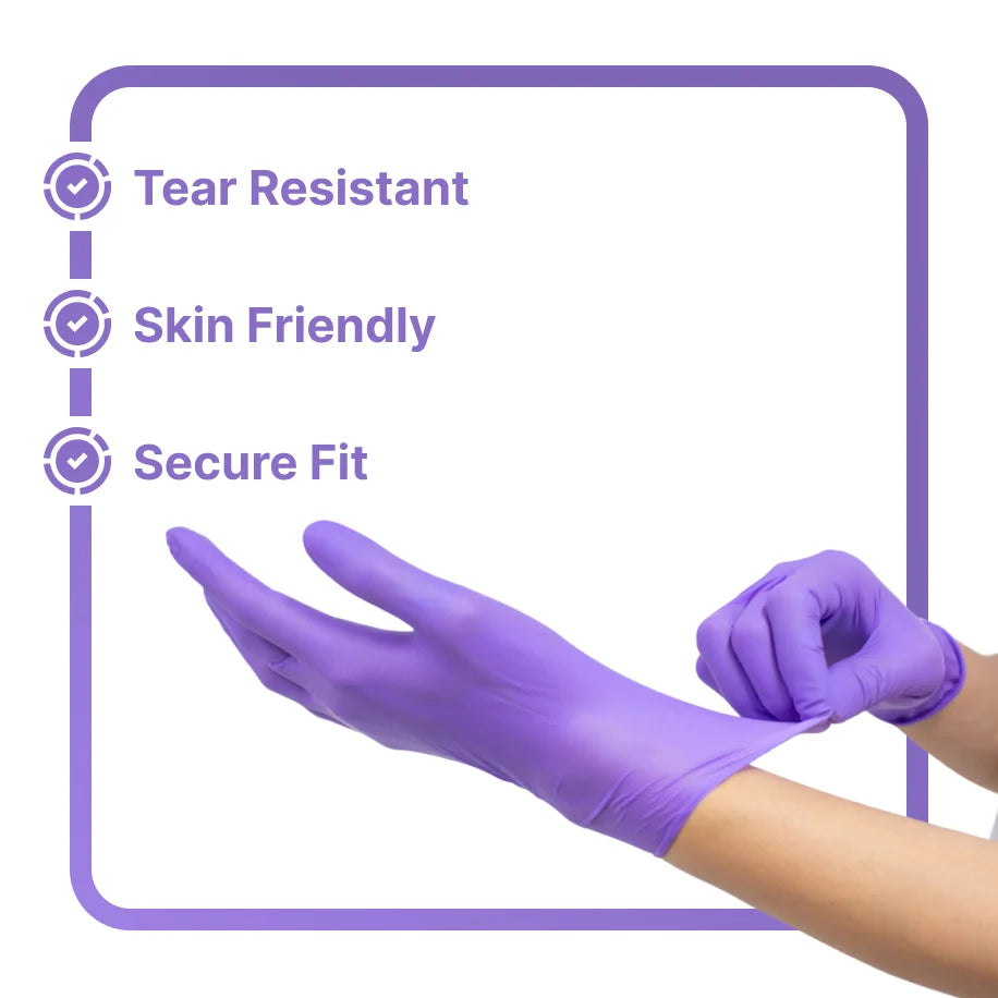 CE Disposables Purple Nitrile Gloves featuring tear-resistant design and skin-friendly material