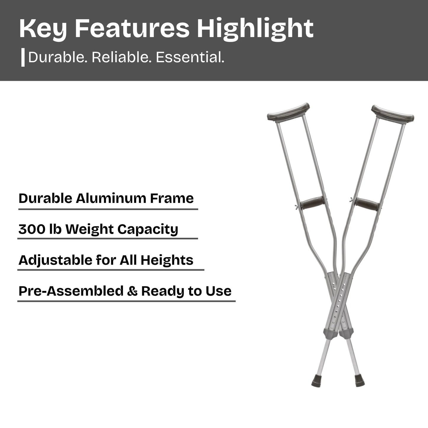 Aluminum Underarm Crutches, Lightweight & Adjustable
