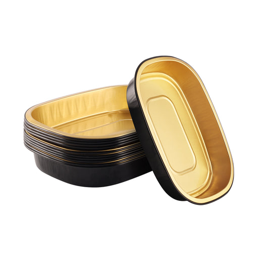Stack of black and gold disposable aluminum foil tray containers for food storage and serving