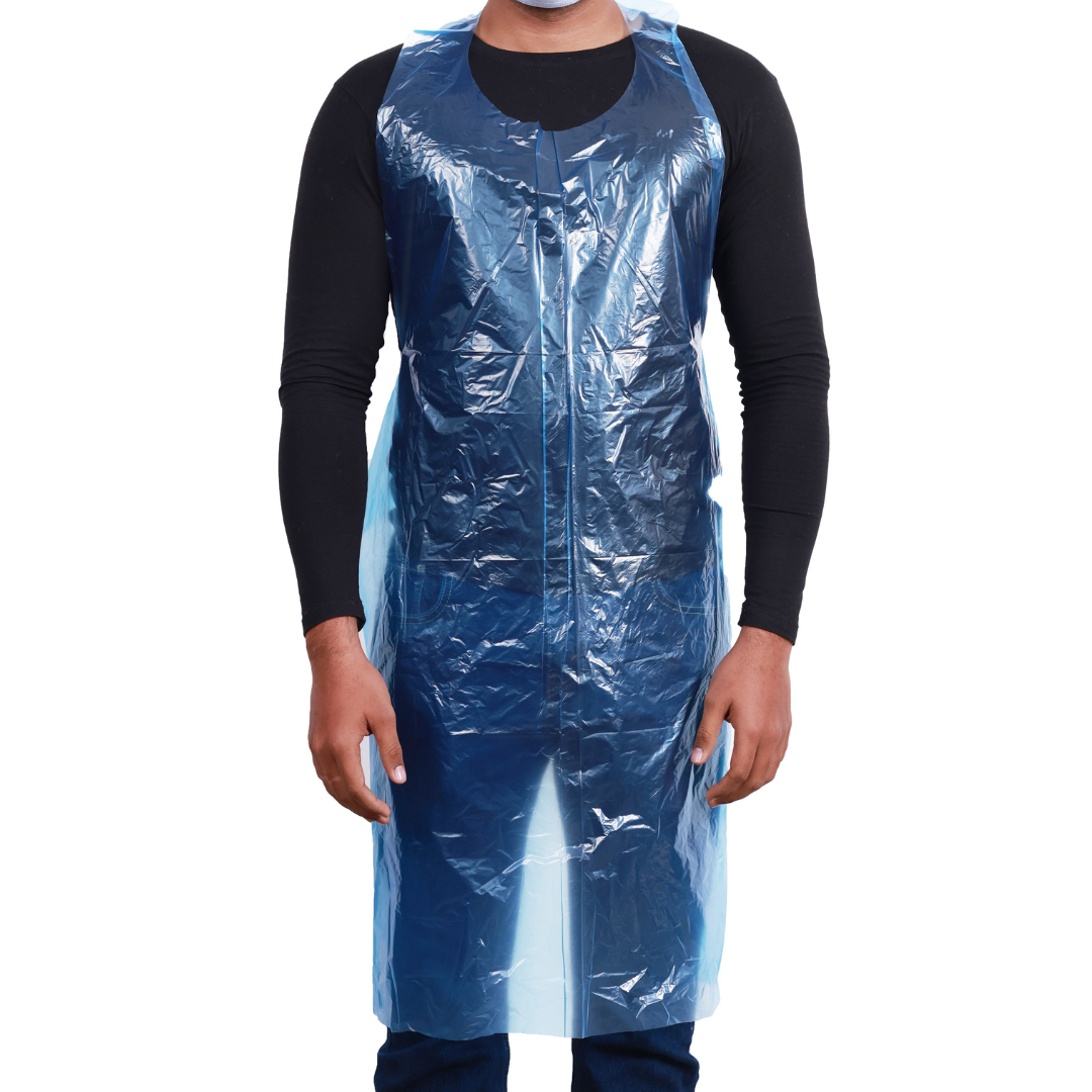 Blue disposable apron in use, ideal for catering and food service, available wholesale