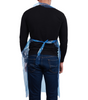 Blue disposable aprons wholesale on a person, perfect for food service and messy tasks