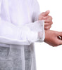 Close-up of hands wearing a white disposable lab coat wholesale