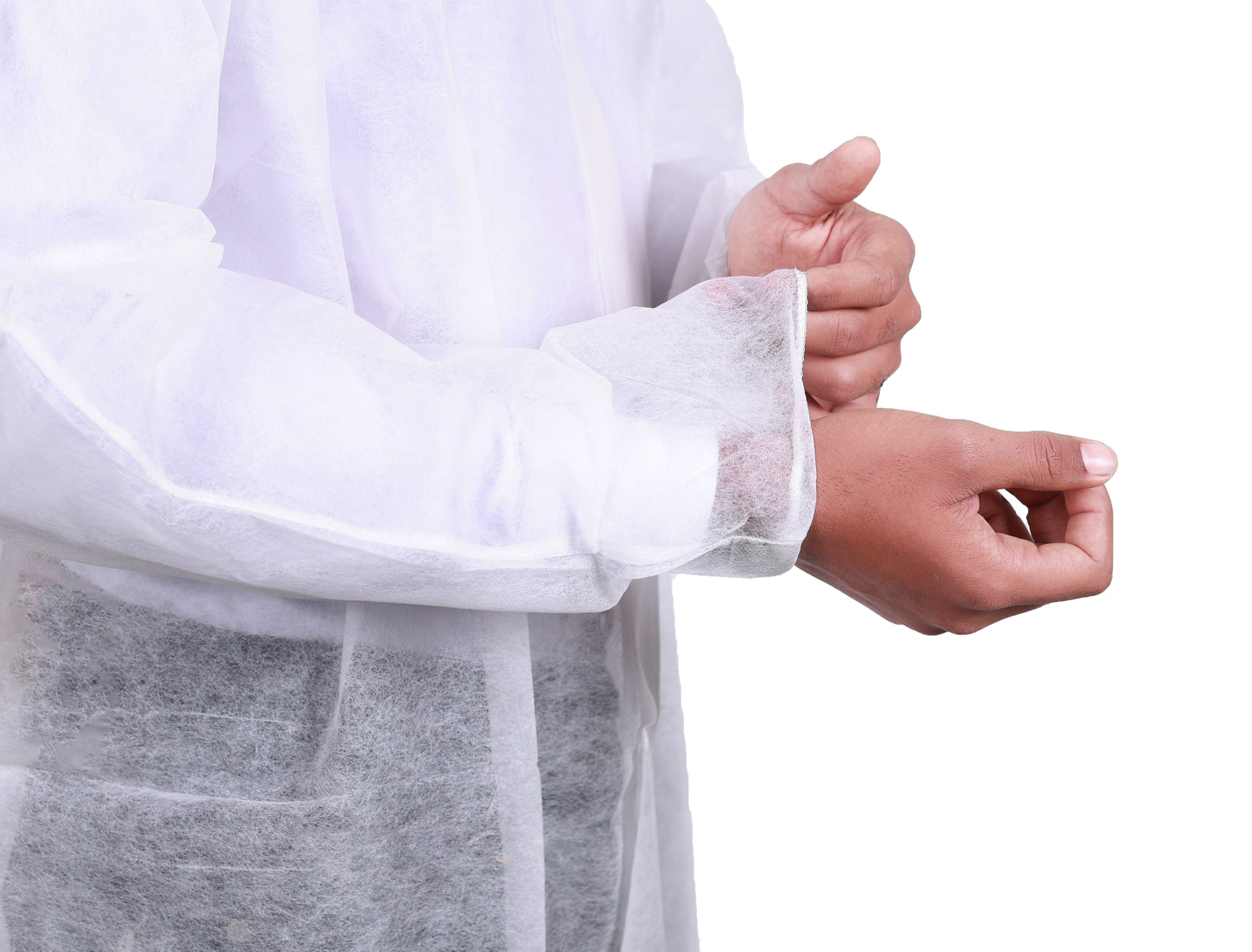 Close-up of hands wearing a white disposable lab coat wholesale