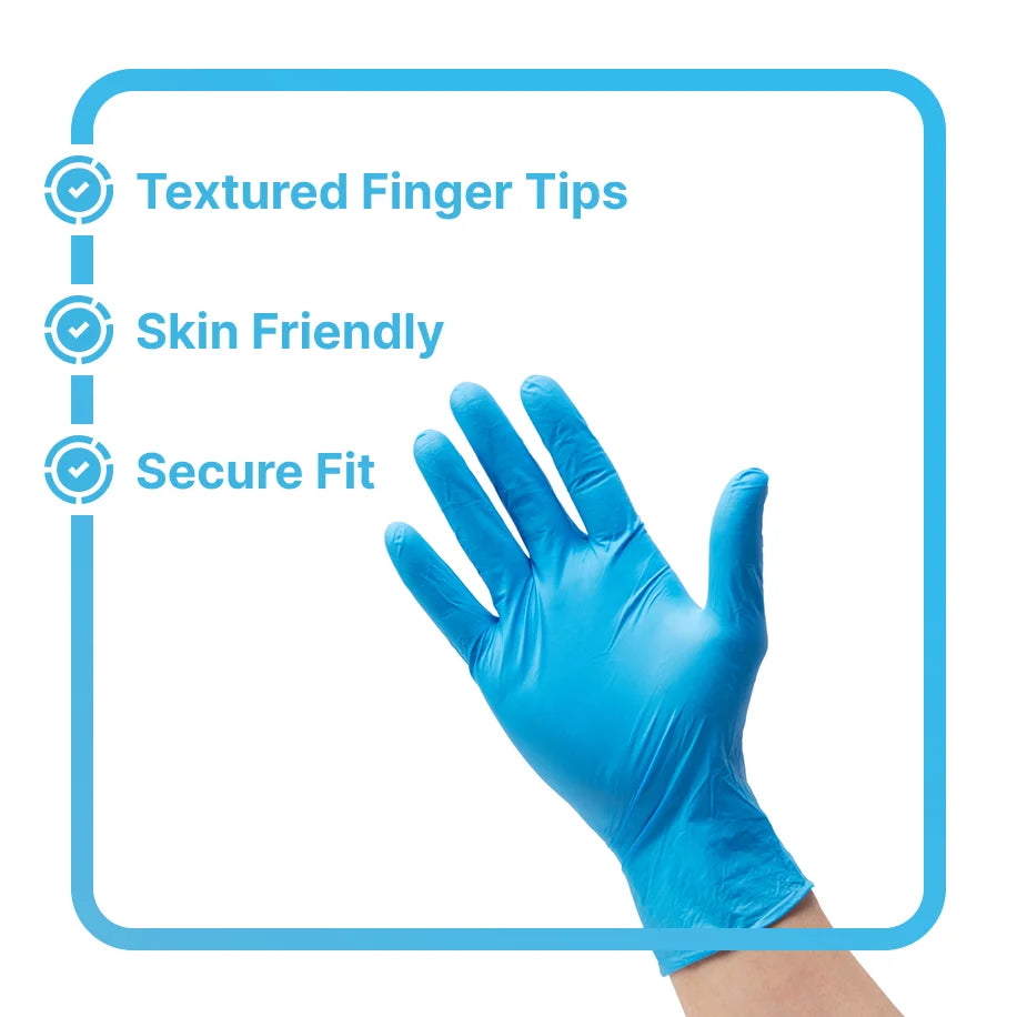 Blue disposable nitrile gloves wholesale with textured finger tips and skin-friendly material