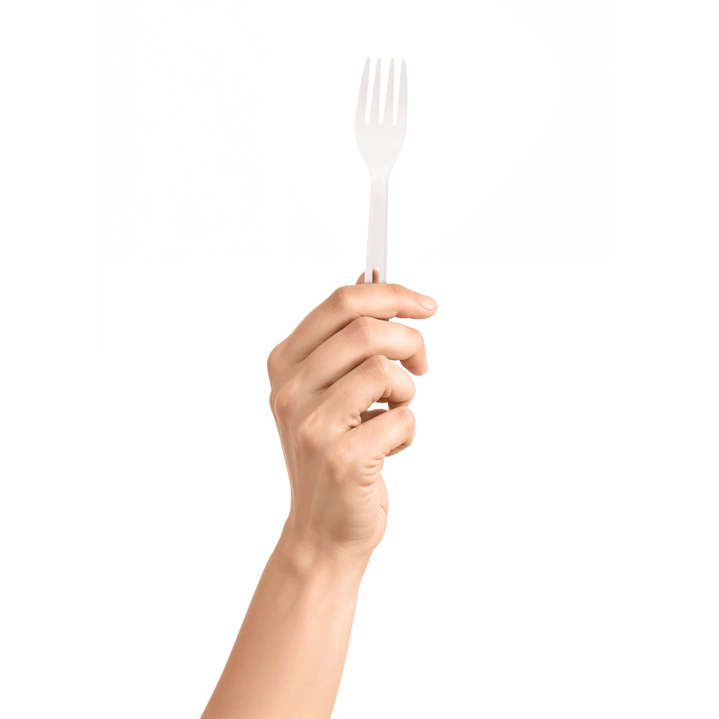 Hand holding a white CE Disposables fork, perfect for parties and outdoor events