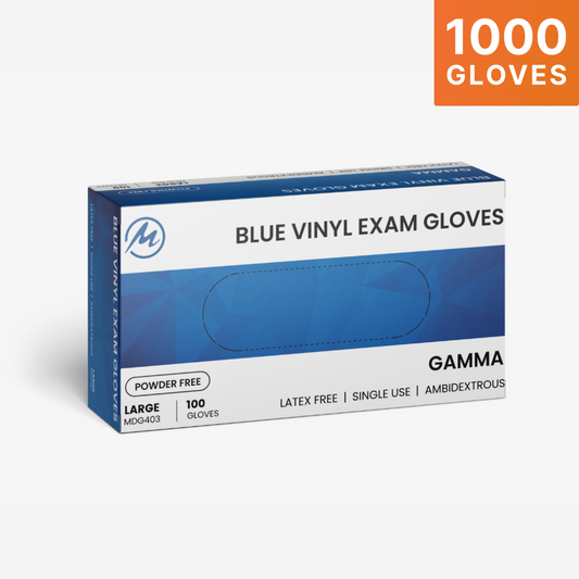 Large blue vinyl gloves box containing 100 disposable exam gloves for protective use