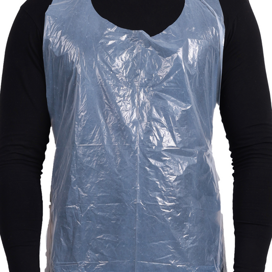 Clear disposable plastic aprons by CE Disposables worn over black clothing for protective use