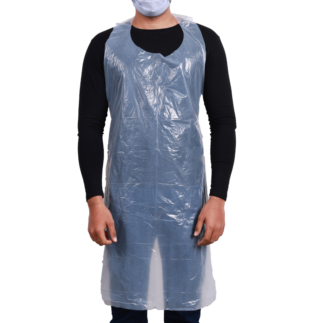 Man wearing clear disposable plastic aprons over black shirt for protection in messy tasks