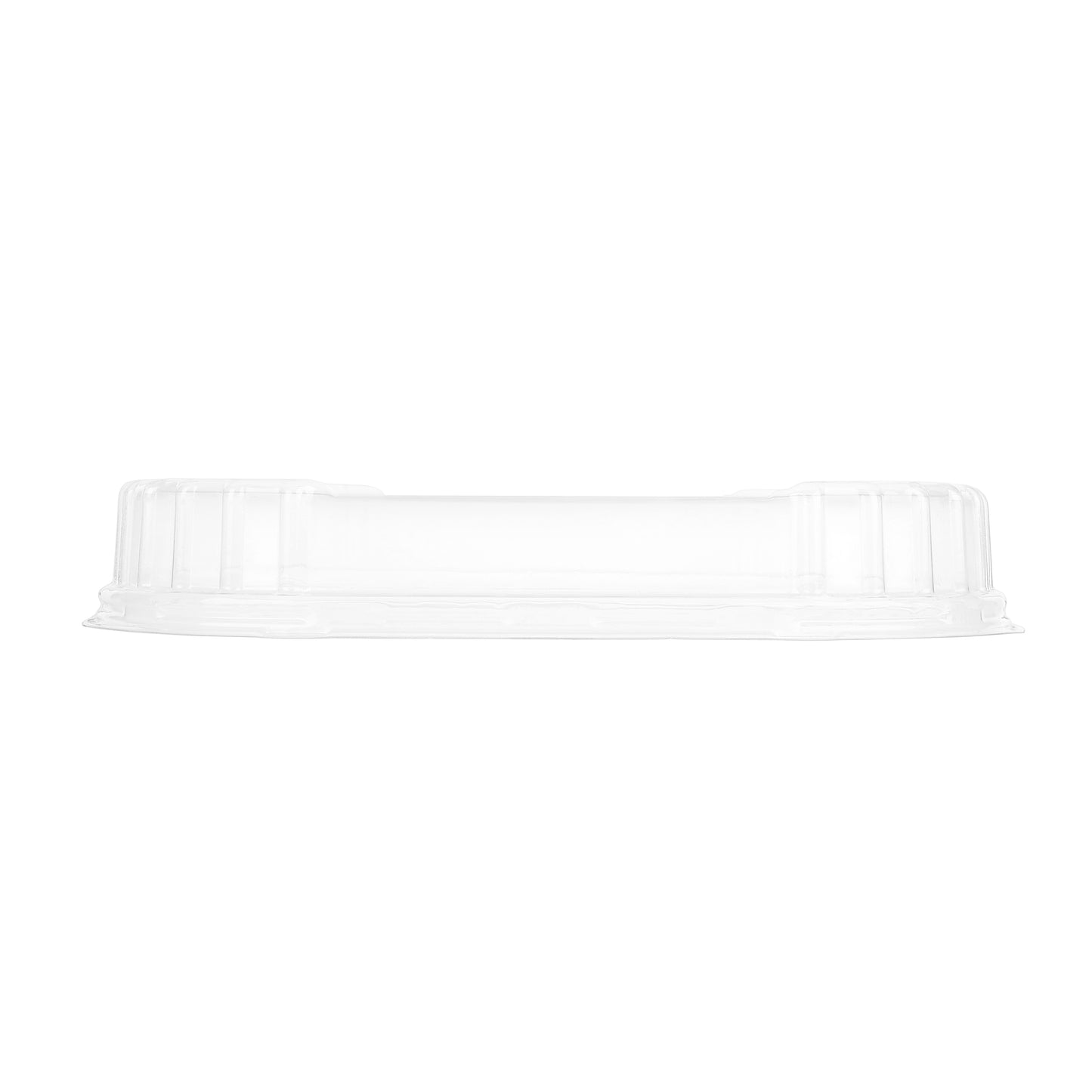 CE Disposables clear plastic lids for trays shown from side view with raised edges