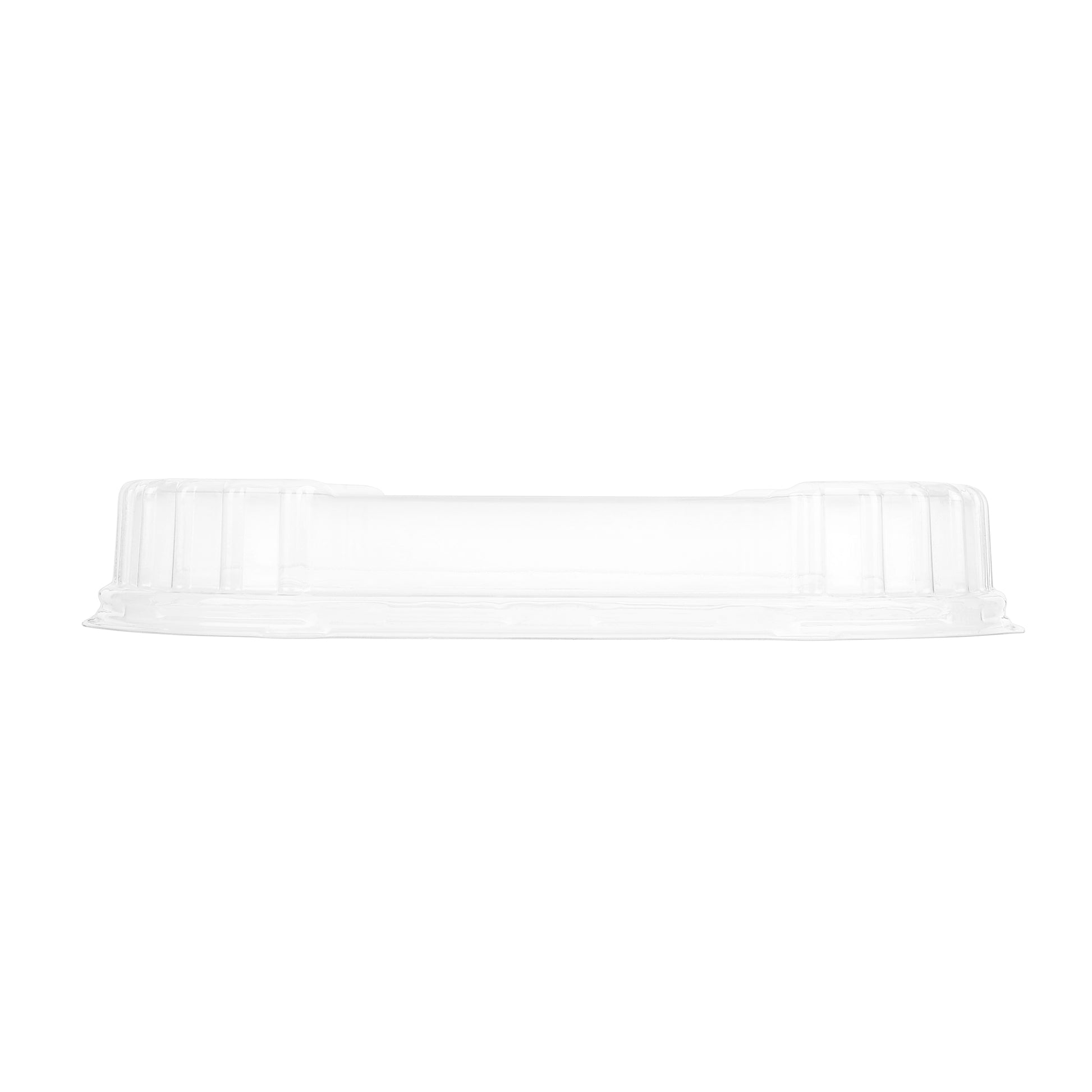 CE Disposables clear plastic lids for trays shown from side view with raised edges